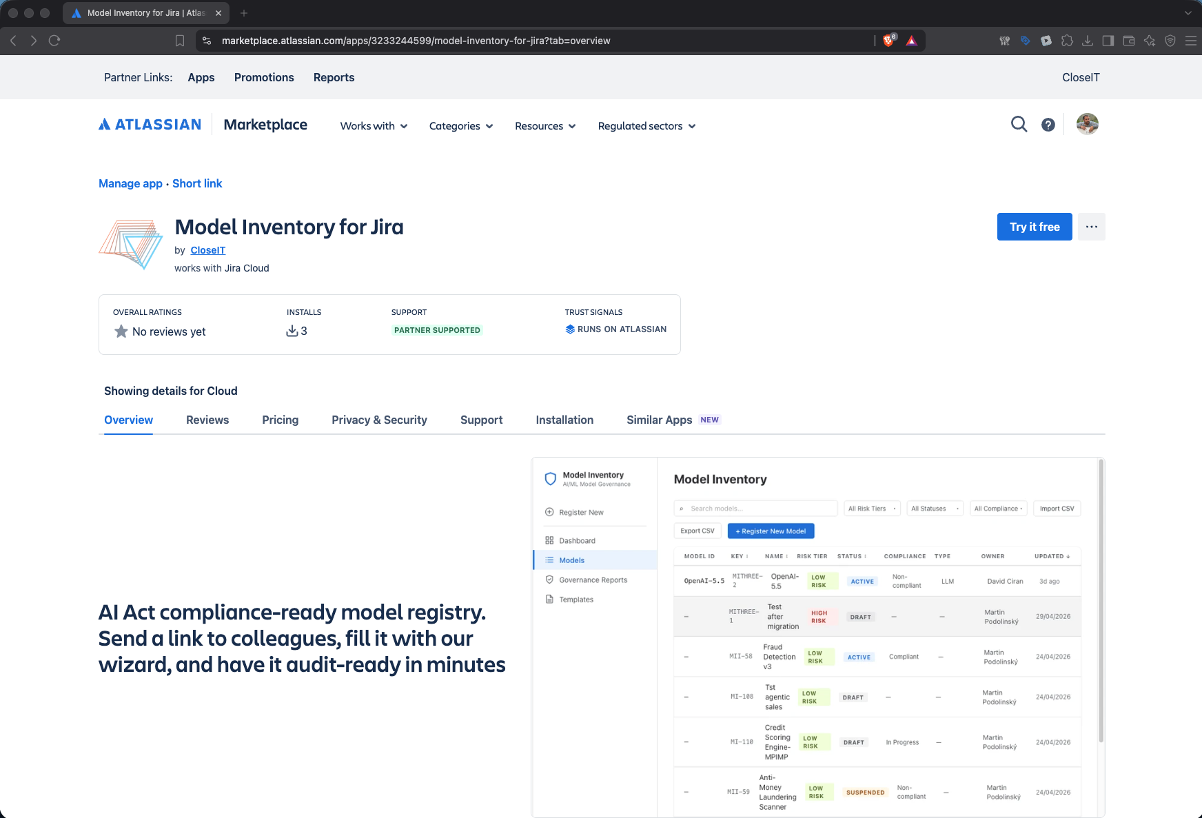 Model Inventory for Jira listing on the Atlassian Marketplace with the Try it free button
