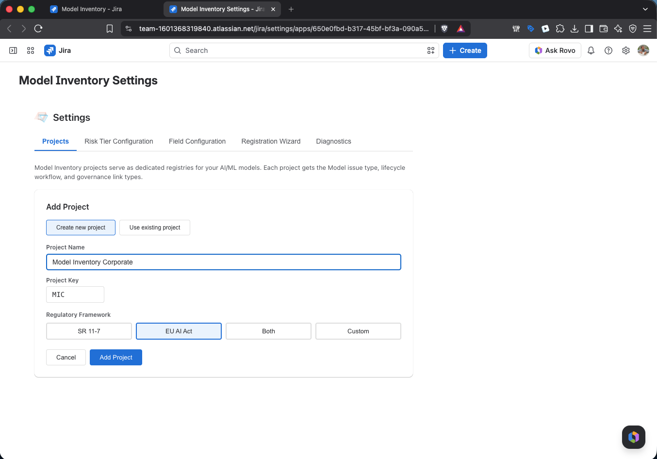 Setup wizard framework selection step — EU AI Act, SR 11-7, or both