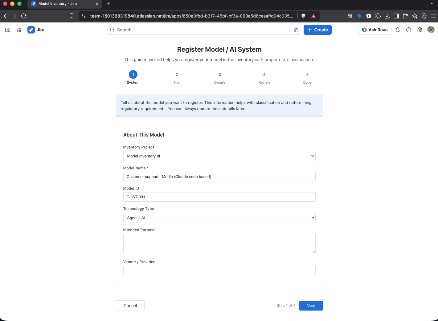 Register New Model form with the minimal fields filled in for a sample Customer Support Chatbot
