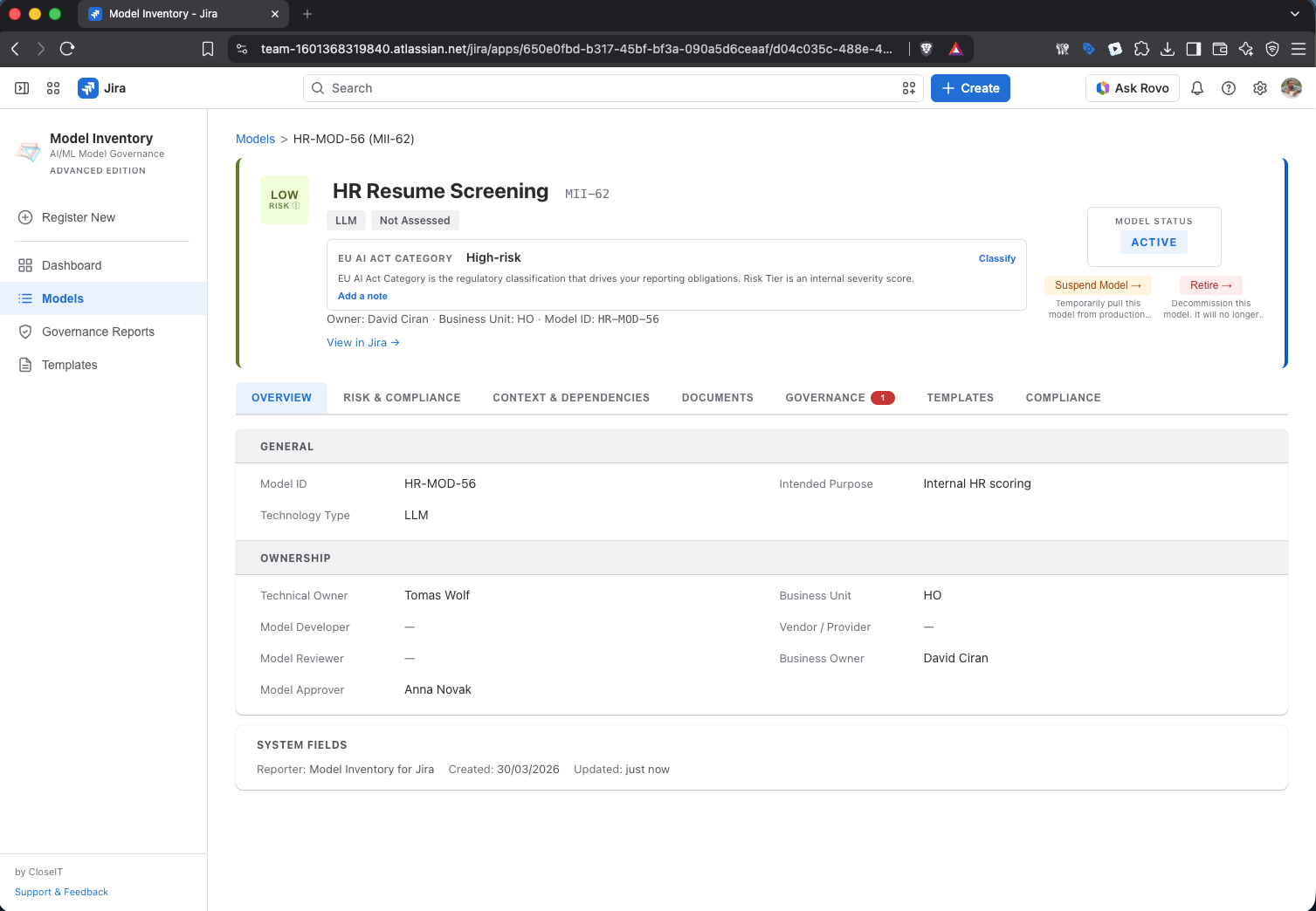 Model detail view showing EU AI Act Category field, computed risk tier and lifecycle status