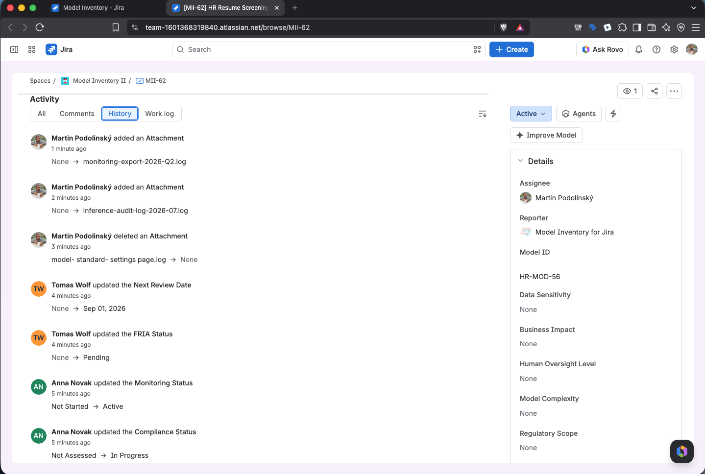 Jira change history on a model work item showing a risk classification change with author and timestamp