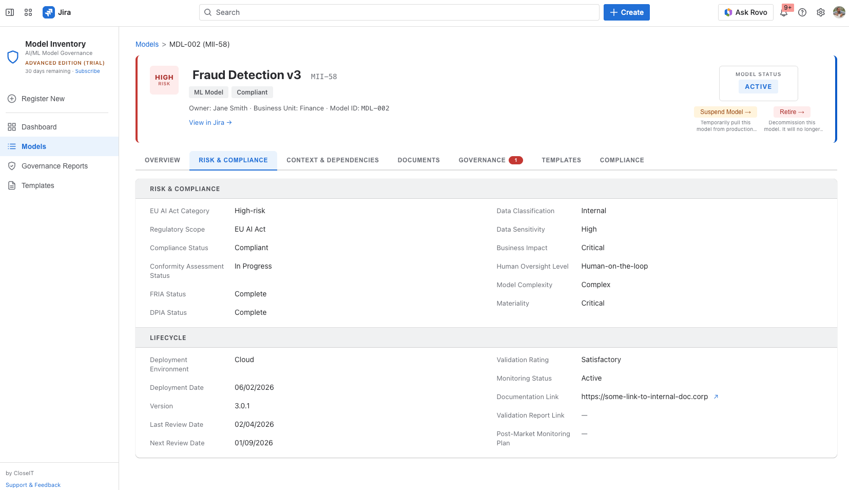 Model detail — EU AI Act risk classification, compliance status, lifecycle and deployment info