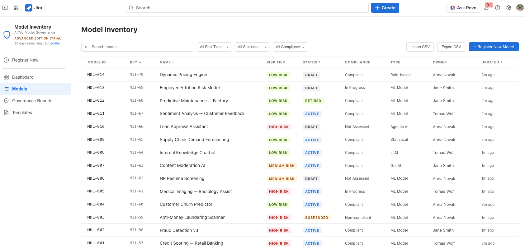 Model Inventory for Jira screenshot
