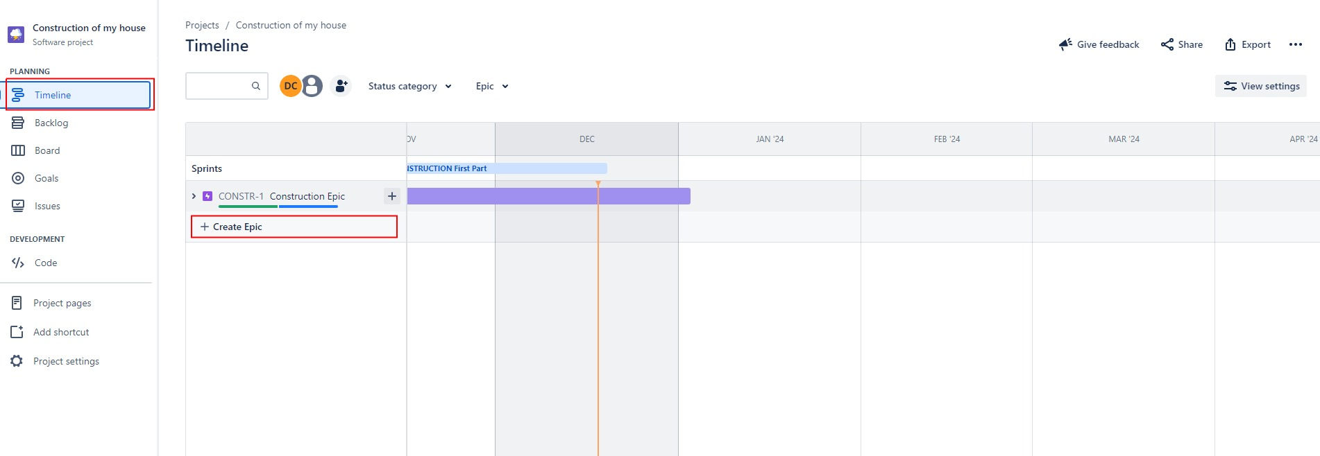 How to create an epic in Jira screenshot
