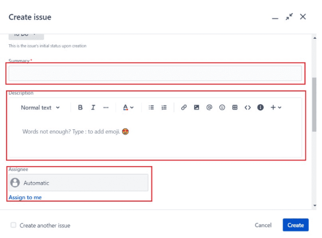 Create issue window in Jira