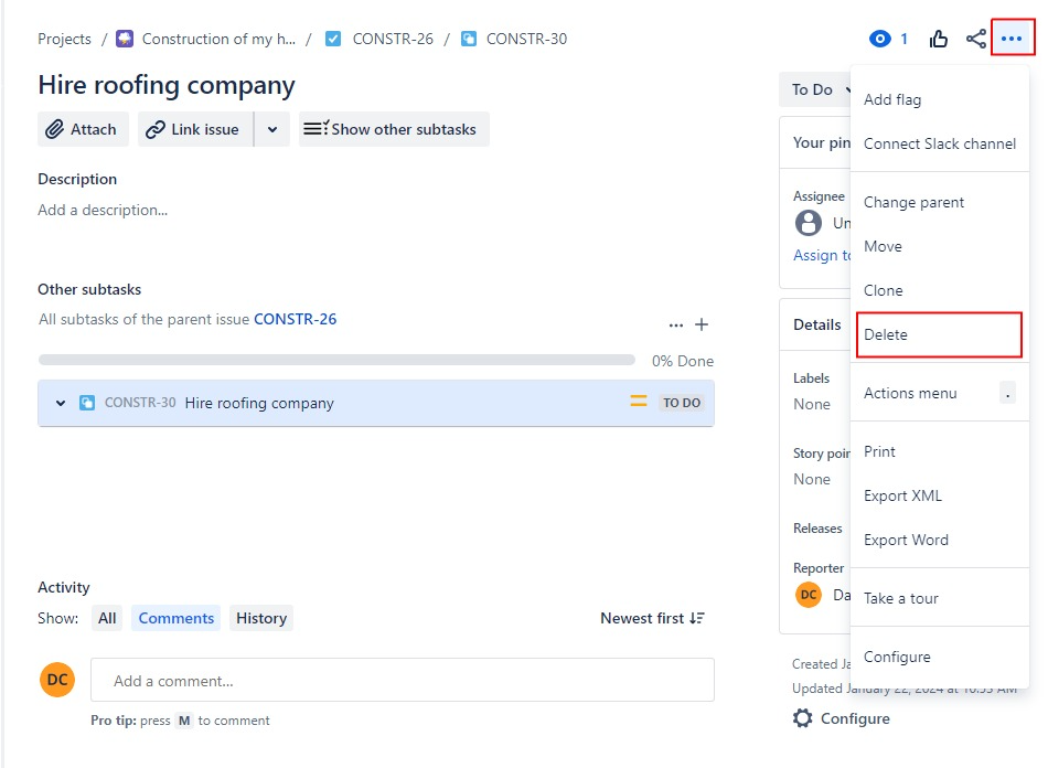 How to delete subtask from subtask view