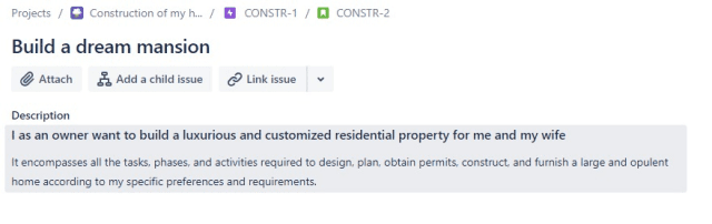 Screenshot from Jira with definition of parent task