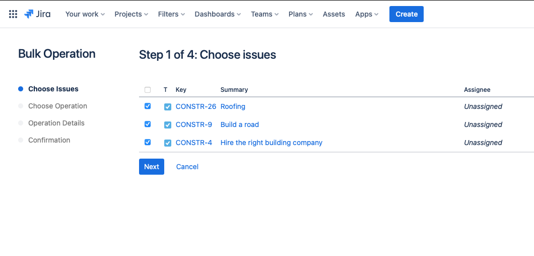 Bulk move issue selection window in Jira