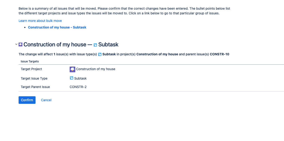 Confirm the move to a new parent in Jira