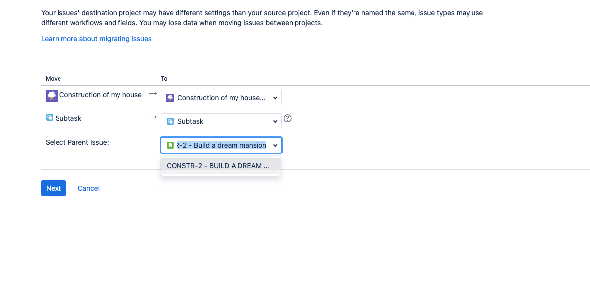 How to select a new parent when moving subtask to another user story
