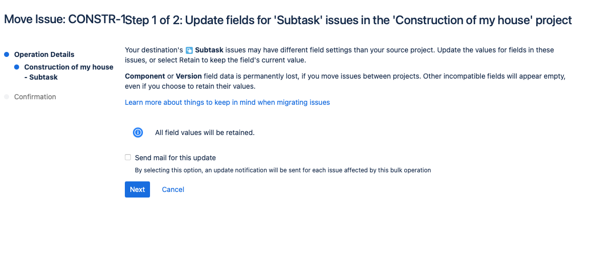 New parent field will be retained when moving subtask in jira