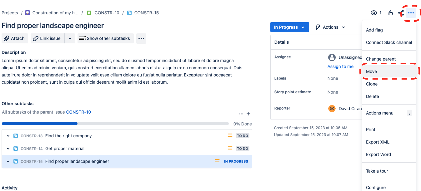 Subtask Move Action in Jira