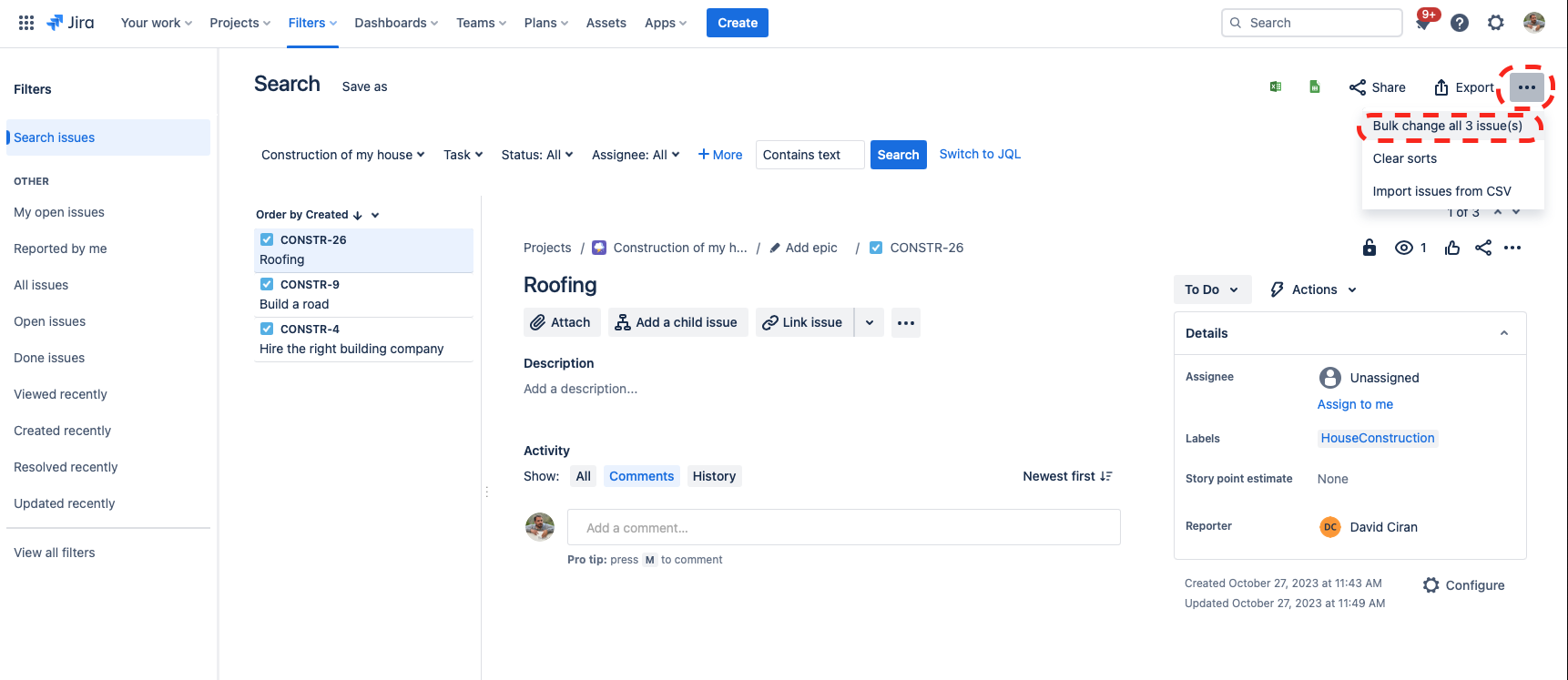 Where to find bulk move action in Jira 