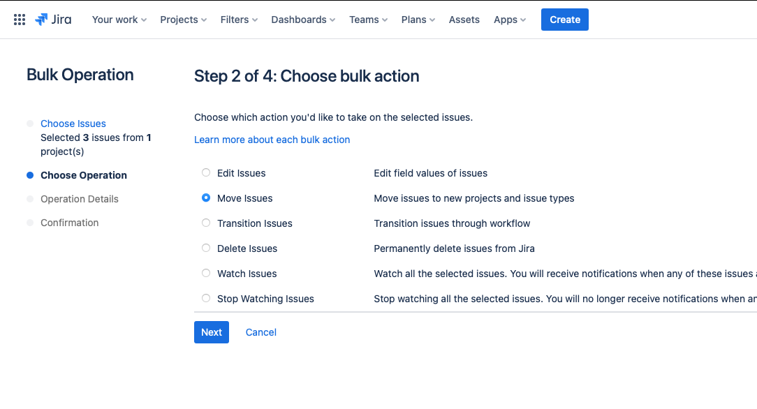 Window for choosing bulk move action in Jira