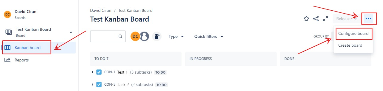 Select configure board in Jira