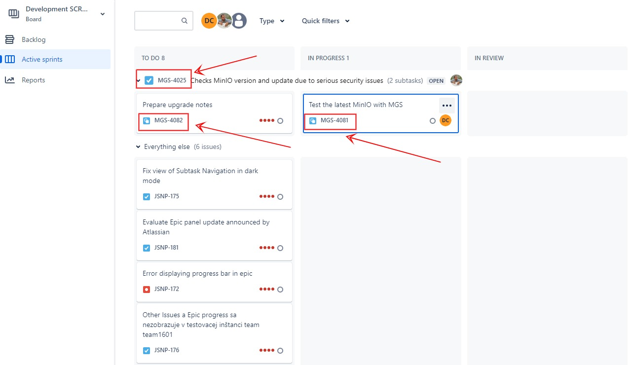 Subtasks displayed under their parent in active sprint board in Jira