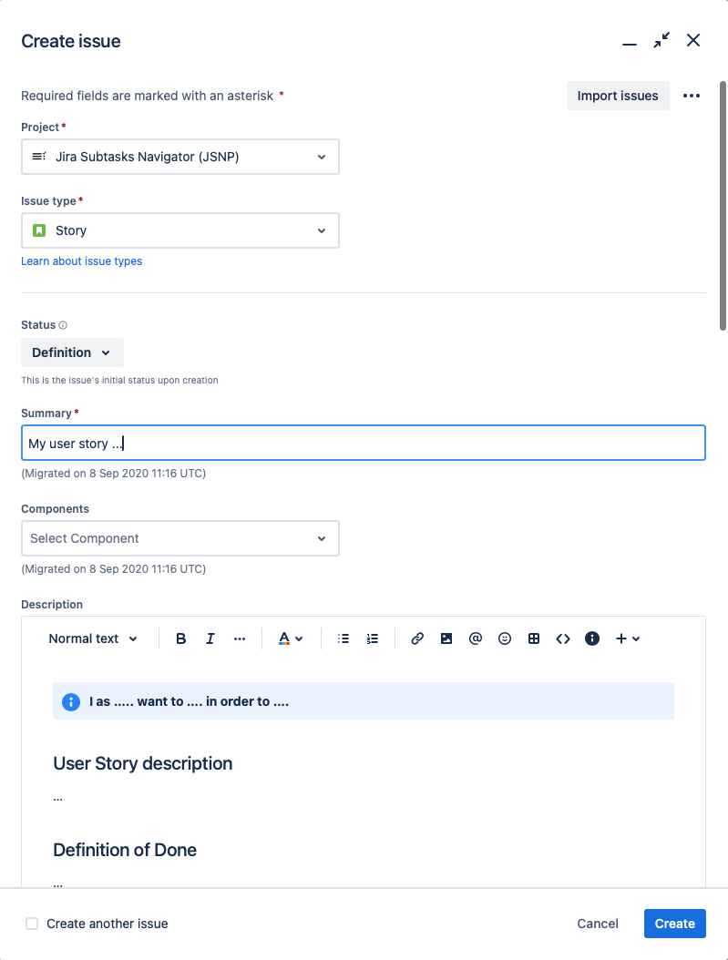 Create issue window in Jira