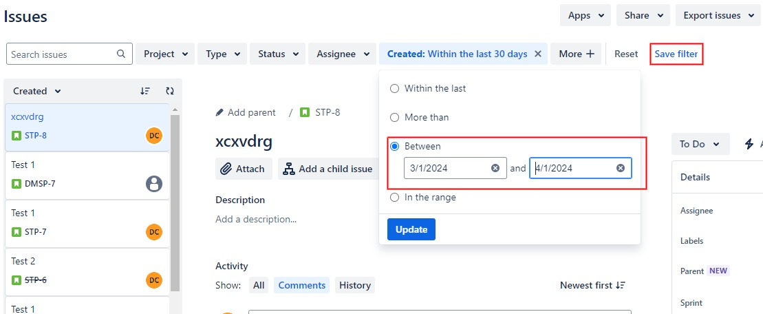 Data range filter in Jira