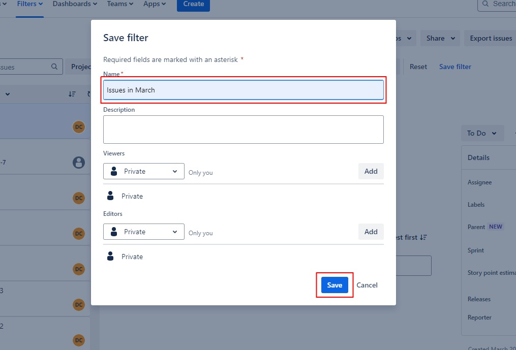 Save filter window in Jira
