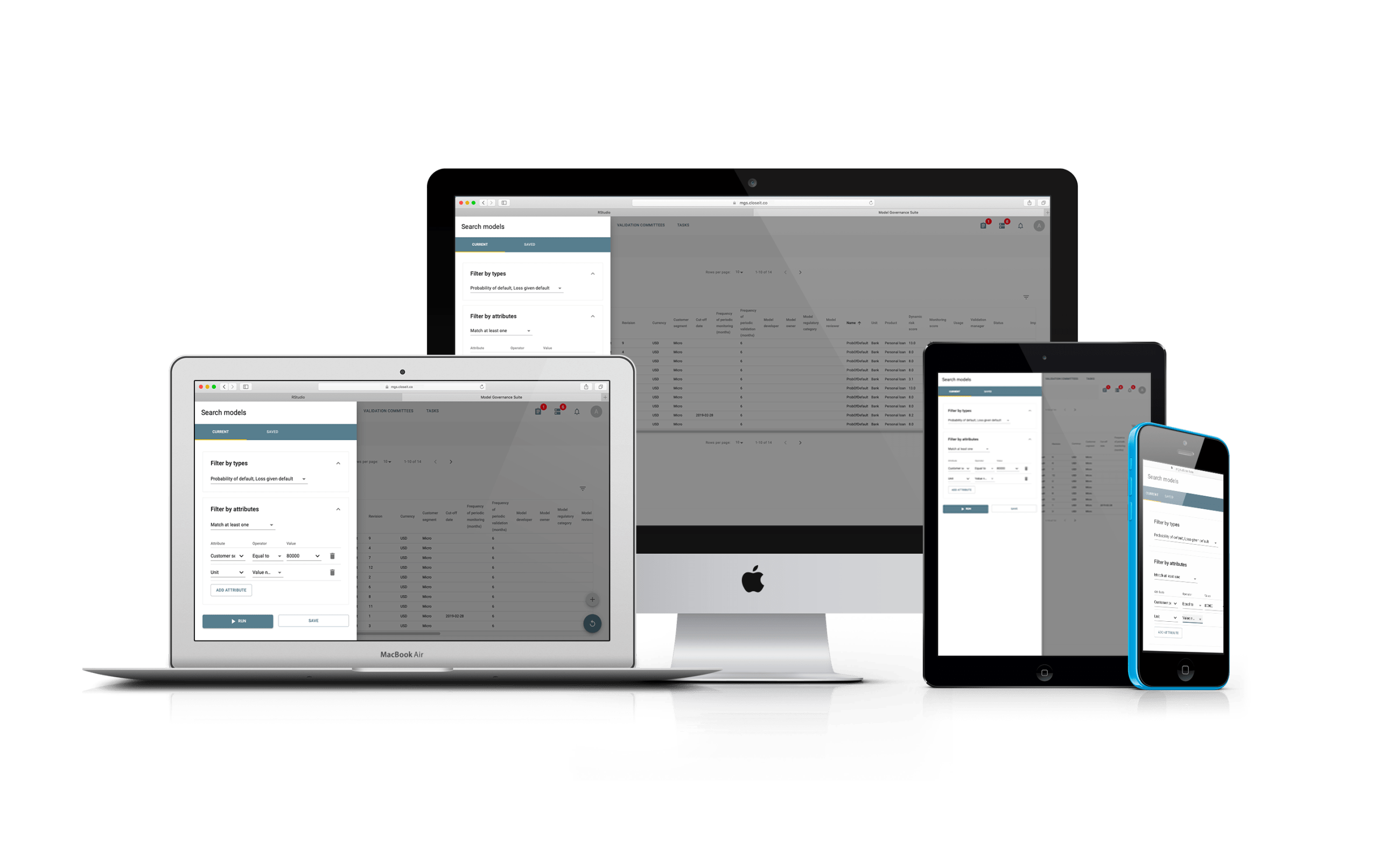 Model Governance Suite on desktop, tablet, and mobile